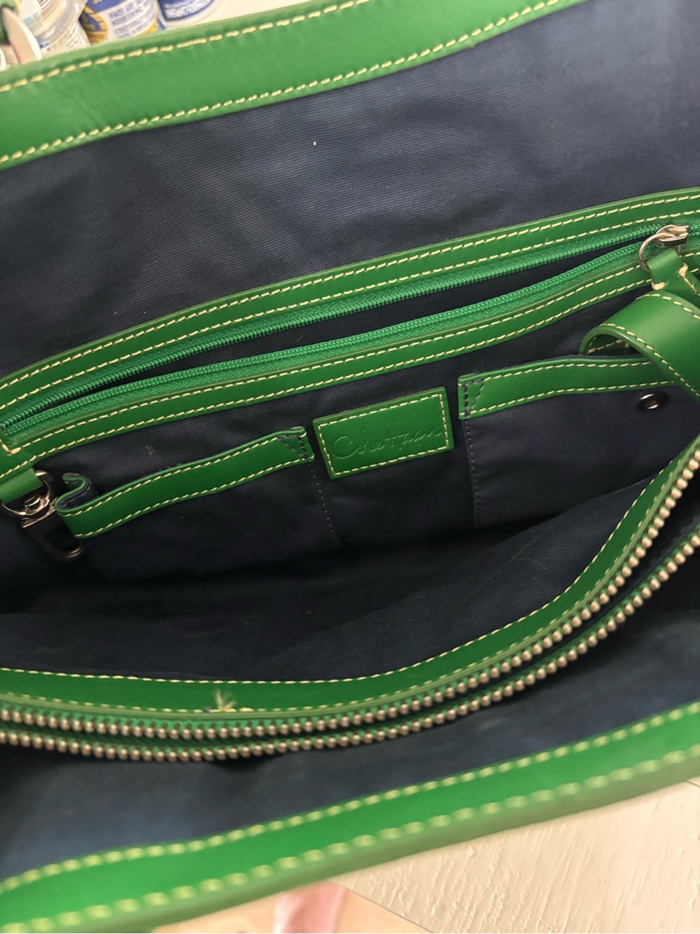 Cole Hann Green & Beige Leather-Trim Canvas Tote Bag - Picture 2 of 2